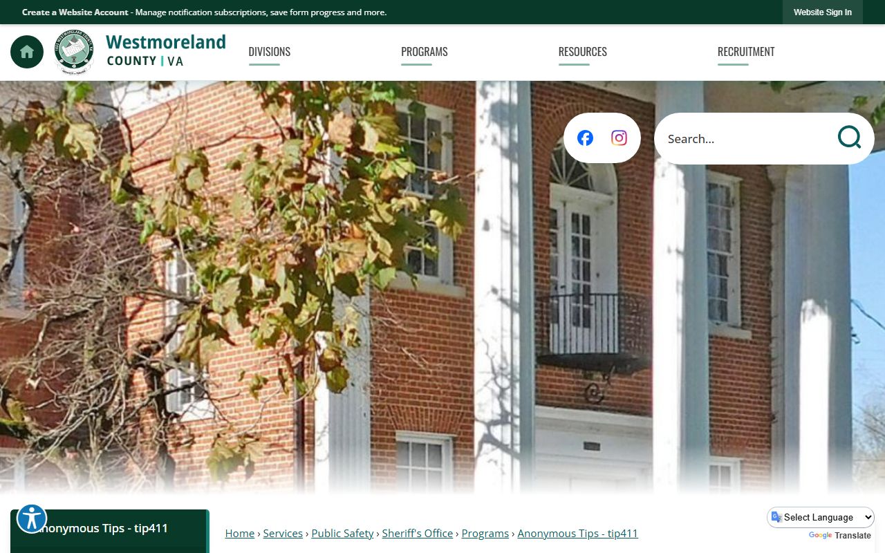 Westmoreland County Sheriff's tip411 page for booking photo and records routing limits